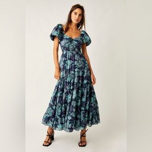 Free People Sundrenched Floral Print Sweetheart Neck Puff Sleeve Maxi Dress Sz L